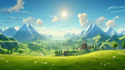 Zelda Game Landscape - A Serene Cartoonish Pastoral Scene