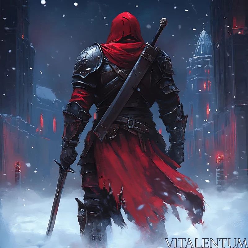 AI ART Red Hooded Warrior in Snowy City