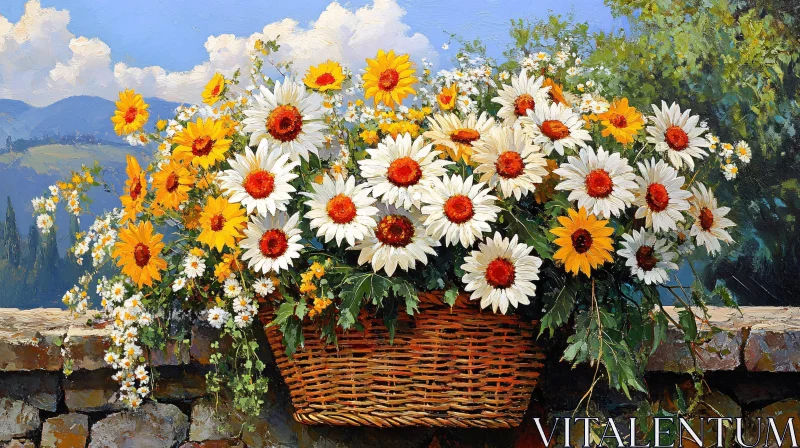 AI ART Vibrant Flower Basket with Mountainous View - Landscape Art