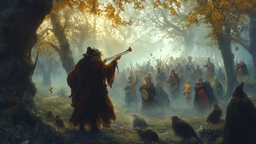 Ancient Warriors Meeting in Foggy Forest