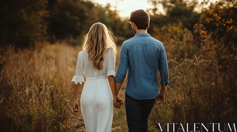 Couple Holding Hands in Meadow at Sunset AI Image