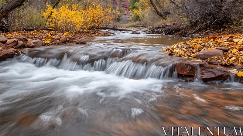 Serene Fall River with Gentle Waterfall and Foliage AI Image