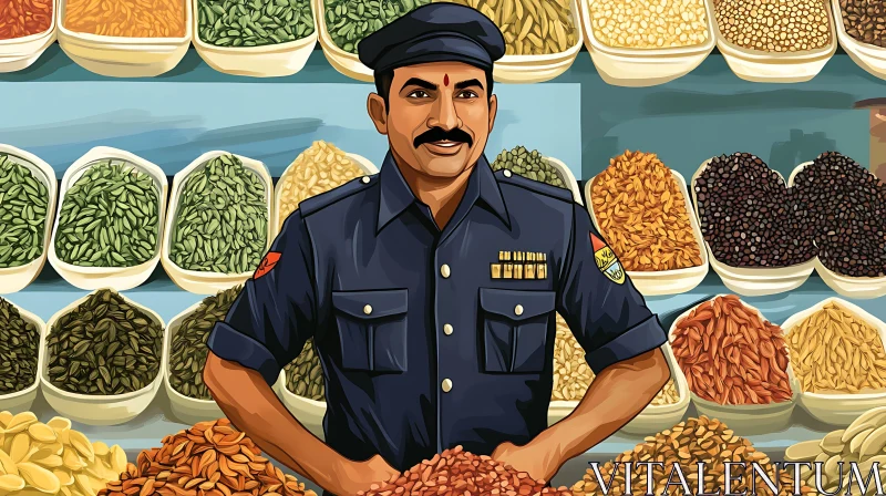 Illustrated Spice Seller with Traditional Spices AI Image