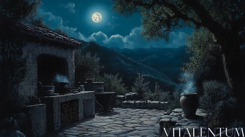 AI ART Rustic Kitchen Under Moonlight