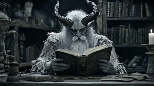 Horned Creature Reads Ancient Book