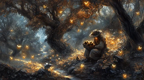 Mystical Forest Scene with Glowing Fireflies