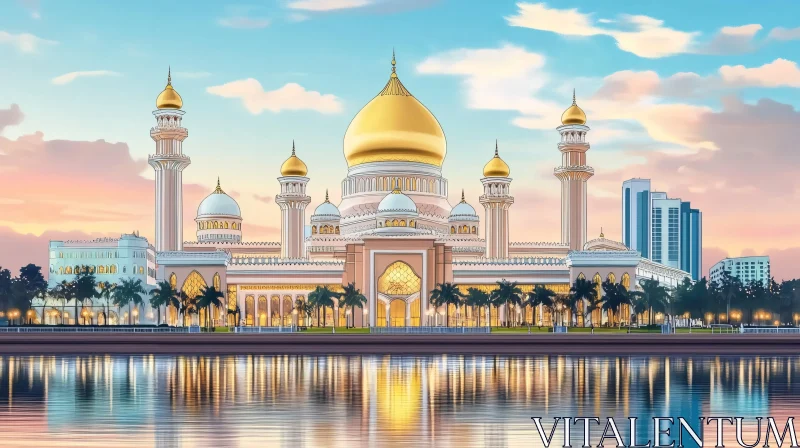 AI ART Brunei Mosque Reflection at Sunset