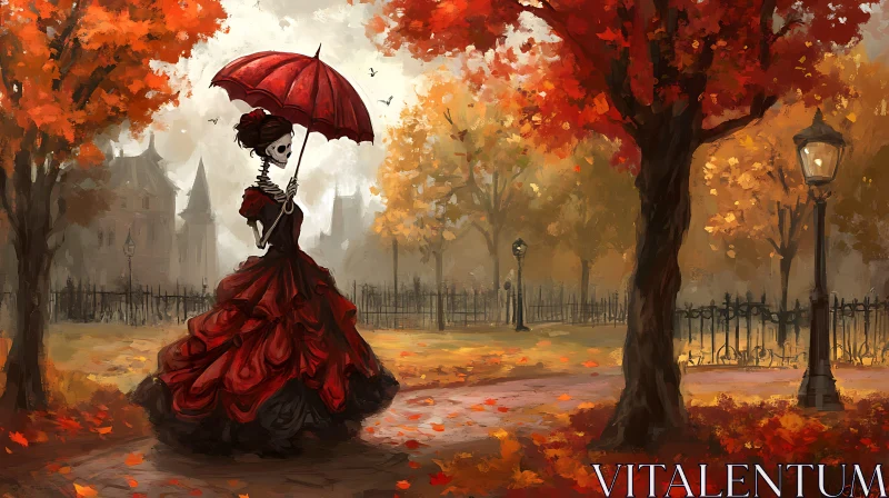 AI ART Autumnal Gothic Scene: Skeleton in Red