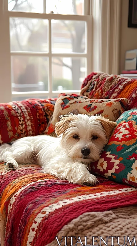 Cozy Dog Lounging in Sunlit Room AI Image