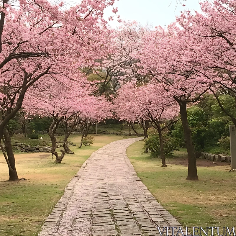 Tranquil Cobblestone Path Amidst Cherry Blossoms AI Image