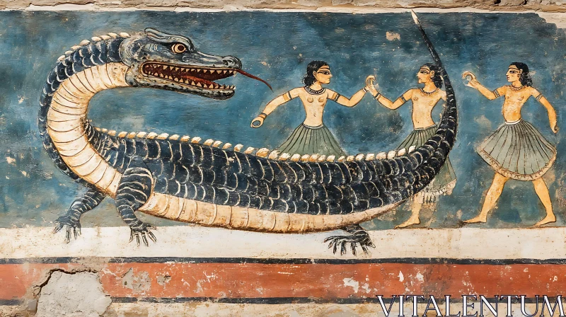 AI ART Historical Mural with Crocodile and People