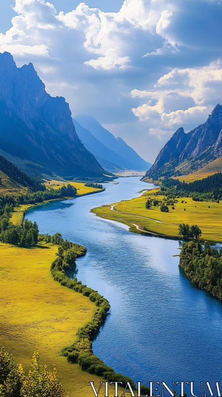 AI ART Enchanting River Landscape with Mountains and Greenery