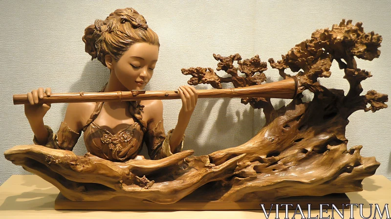 Wooden Sculpture of Woman with Flute AI Image