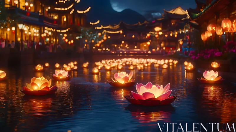 AI ART Night River Lotus Lanterns