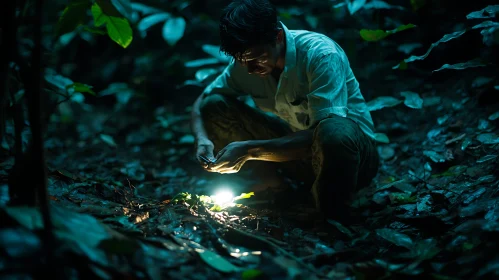 Man with flashlight in the dark forest