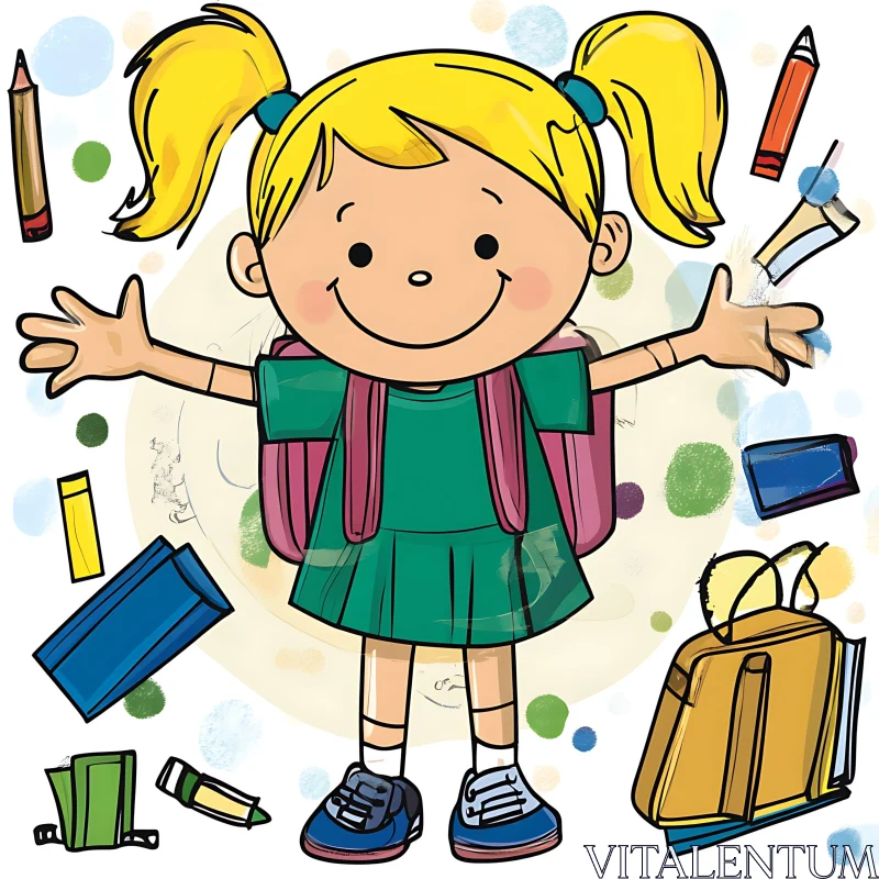 AI ART Girl with Backpack and School Supplies