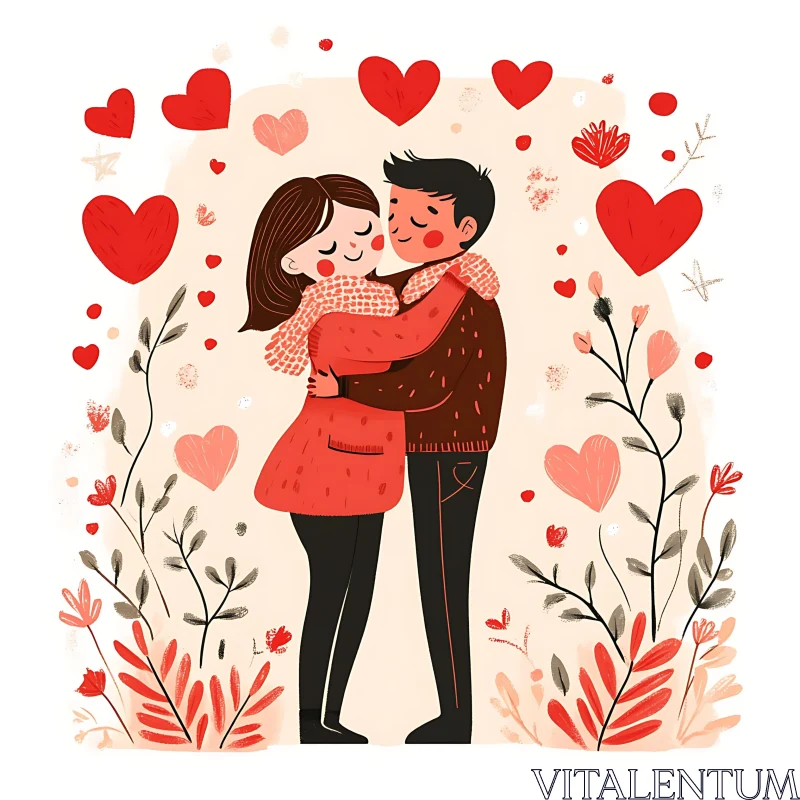 AI ART Heartfelt Couple Illustration with Floral Accents