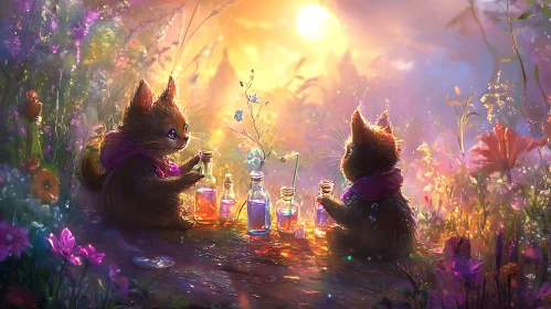 Kittens Making Potions in Magical Garden