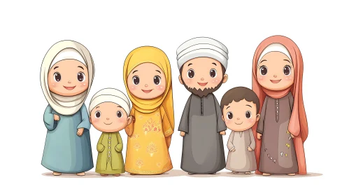 Charming Cartoon of a United Muslim Family