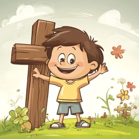 Cartoon Boy with Wooden Cross