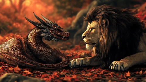 Dragon meets Lion in the Autumn Forest