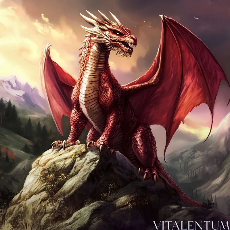 Crimson Dragon Overlooking Mountainous Terrain AI Image