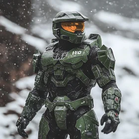 Armored Figure in Snowy Landscape