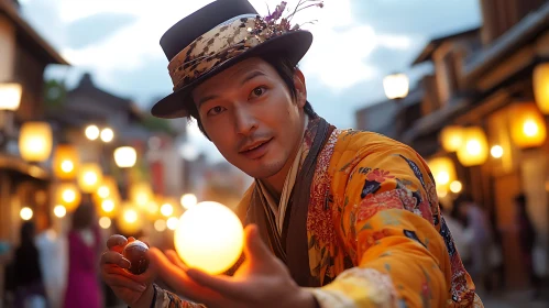 Man Holding Light in Traditional Attire