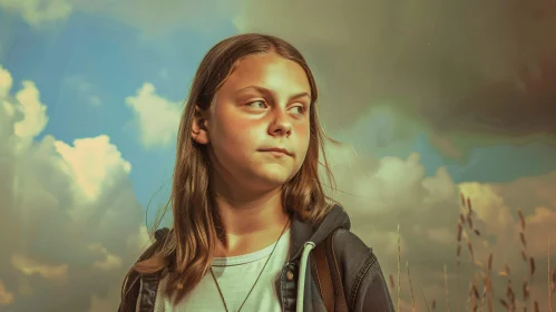 Greta Thunberg with a Cloudy Sky Background