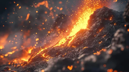 Fiery Lava Flow Down Mountainside