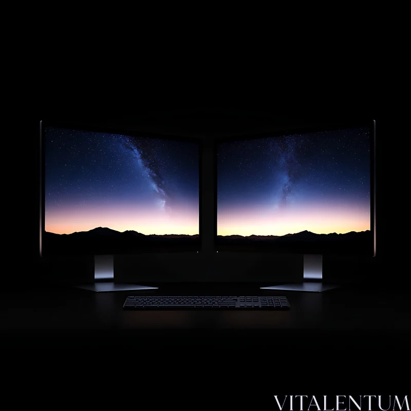 Modern Workspace with Dual Monitors and Night Sky AI Image