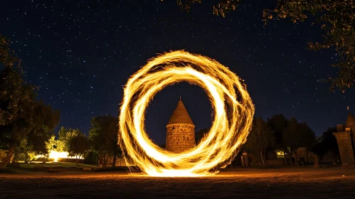 Night Fire Circle Around Stone Tower