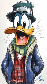 Animated Duck with Plaid Shirt and Hat
