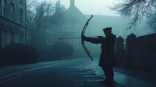 Silhouette of Archer in Foggy Cityscape