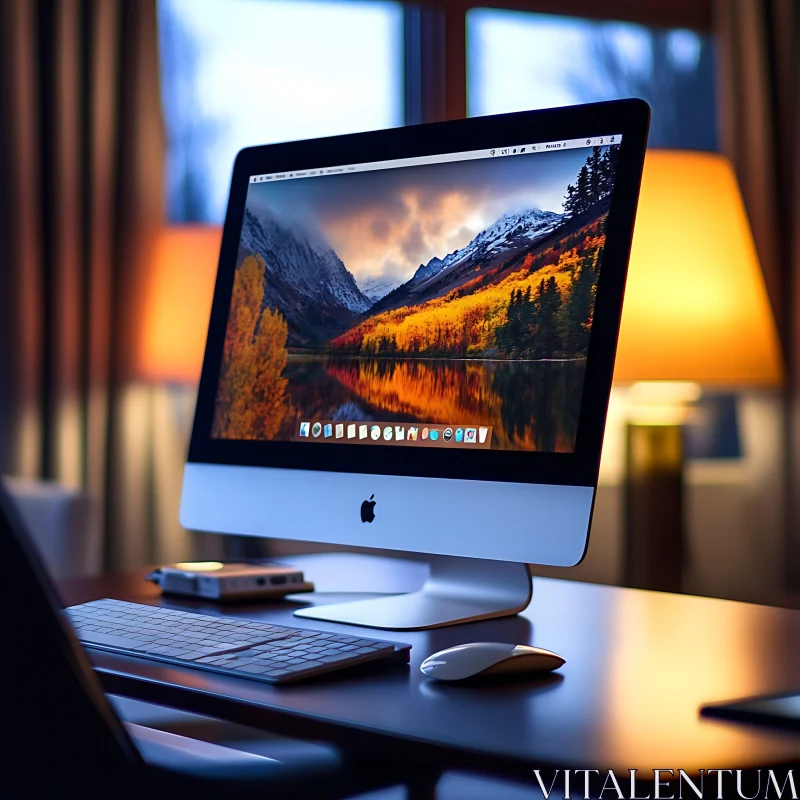 Desktop Computer Showing Autumn Mountain Scene AI Image