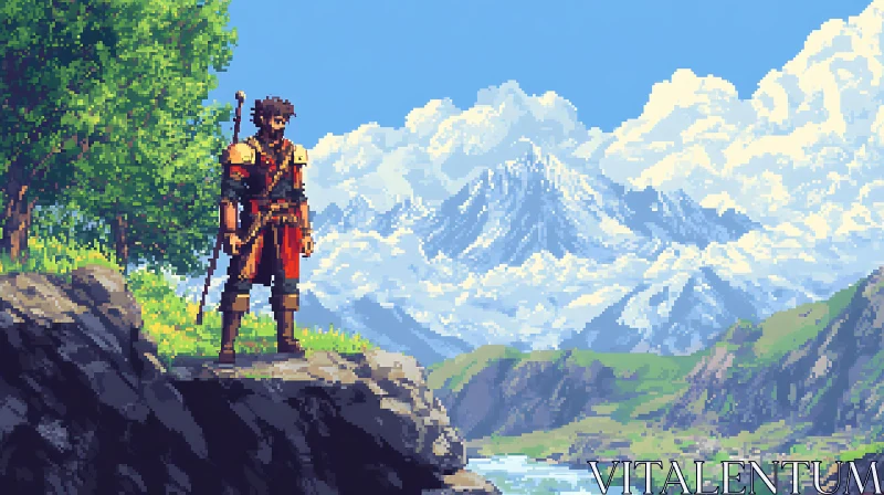 AI ART Scenic Pixel Art Mountain Vista with Character