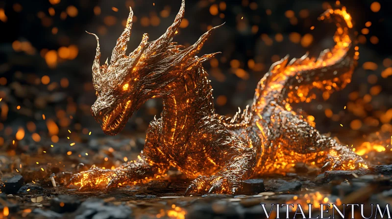 AI ART Golden Fire Dragon Resting on Embers