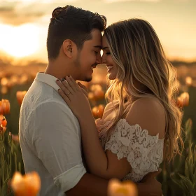 Golden Hour Embrace: Couple in Floral Field