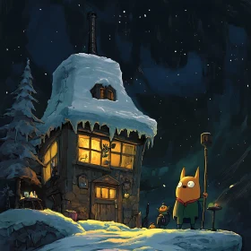 Snowy Cartoon House at Night