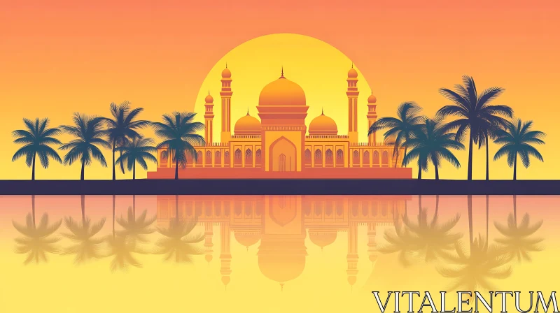 AI ART Tranquil Mosque Reflection at Sunset