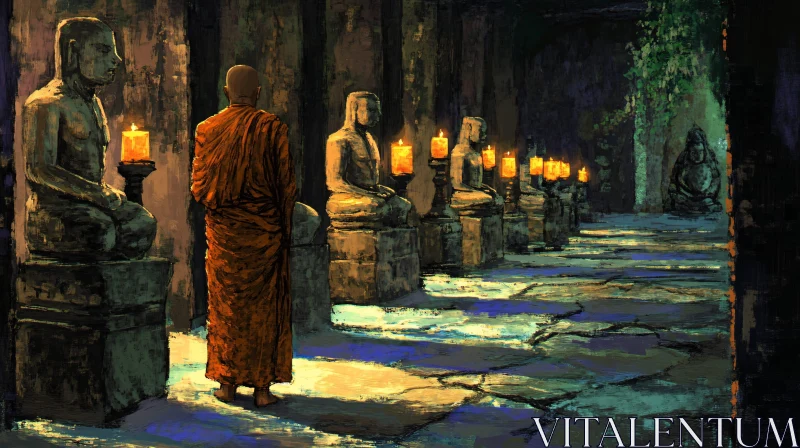 Candlelit Buddha Statues with Monk AI Image