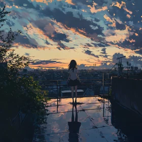 Sunset Reflections: Anime Girl's Urban Contemplation