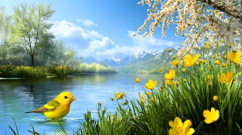 Serene Lake with Yellow Bird and Blossom