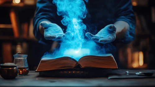 Mystical Book with Swirling Blue Smoke