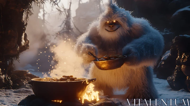 Snowy Feast: Yeti's Culinary Delight AI Image