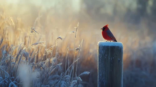 Red Bird on Snowy Post