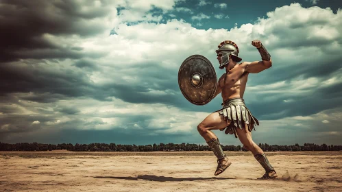 Gladiator's Charge Under Stormy Skies