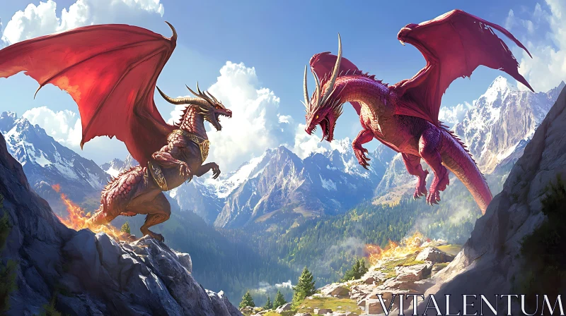 Dragons Clash in Mountainous Realm AI Image