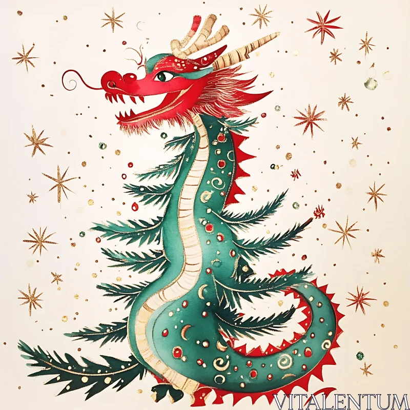 Whimsical Christmas Dragon Illustration AI Image