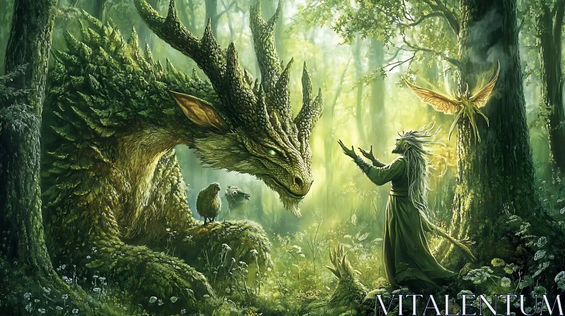 AI ART Mystical Dragon and Elf in Green Forest